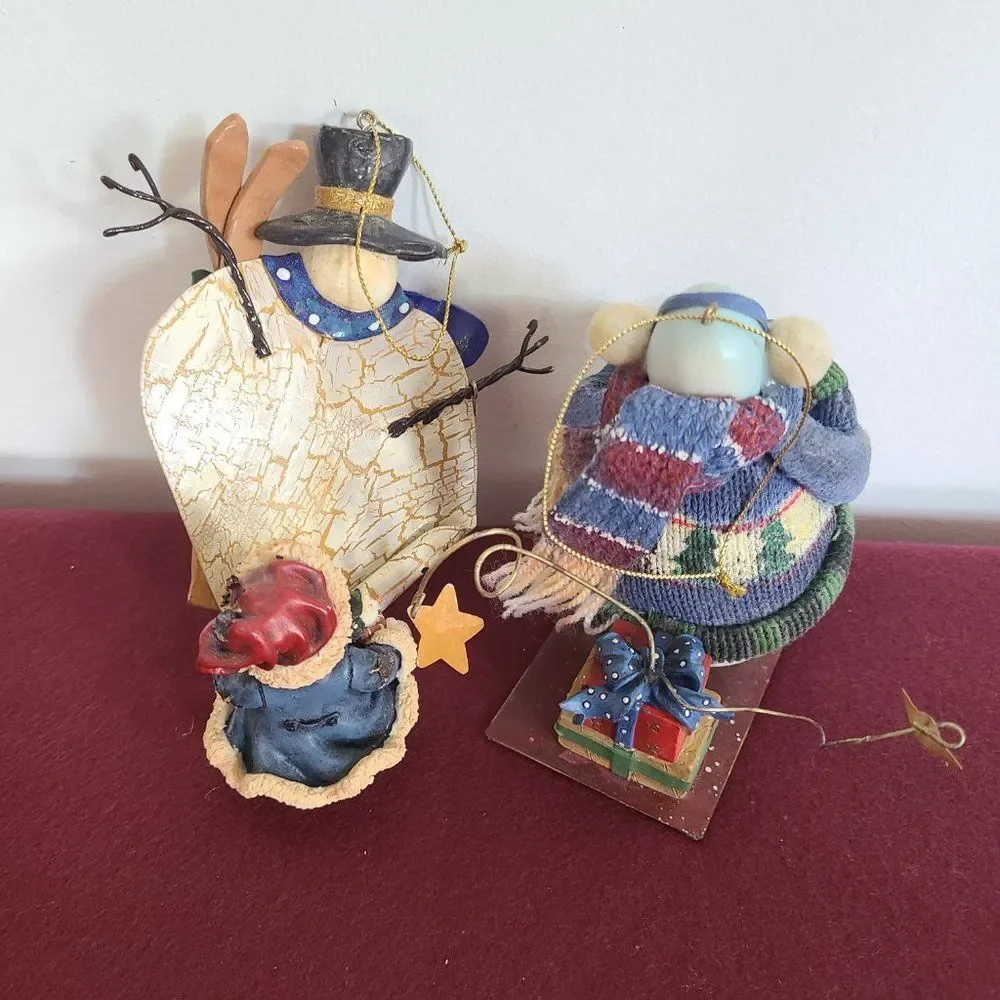 Vintage Christmas Holiday Winter Christmas Ornaments & Shelf Snowmen Set of 3